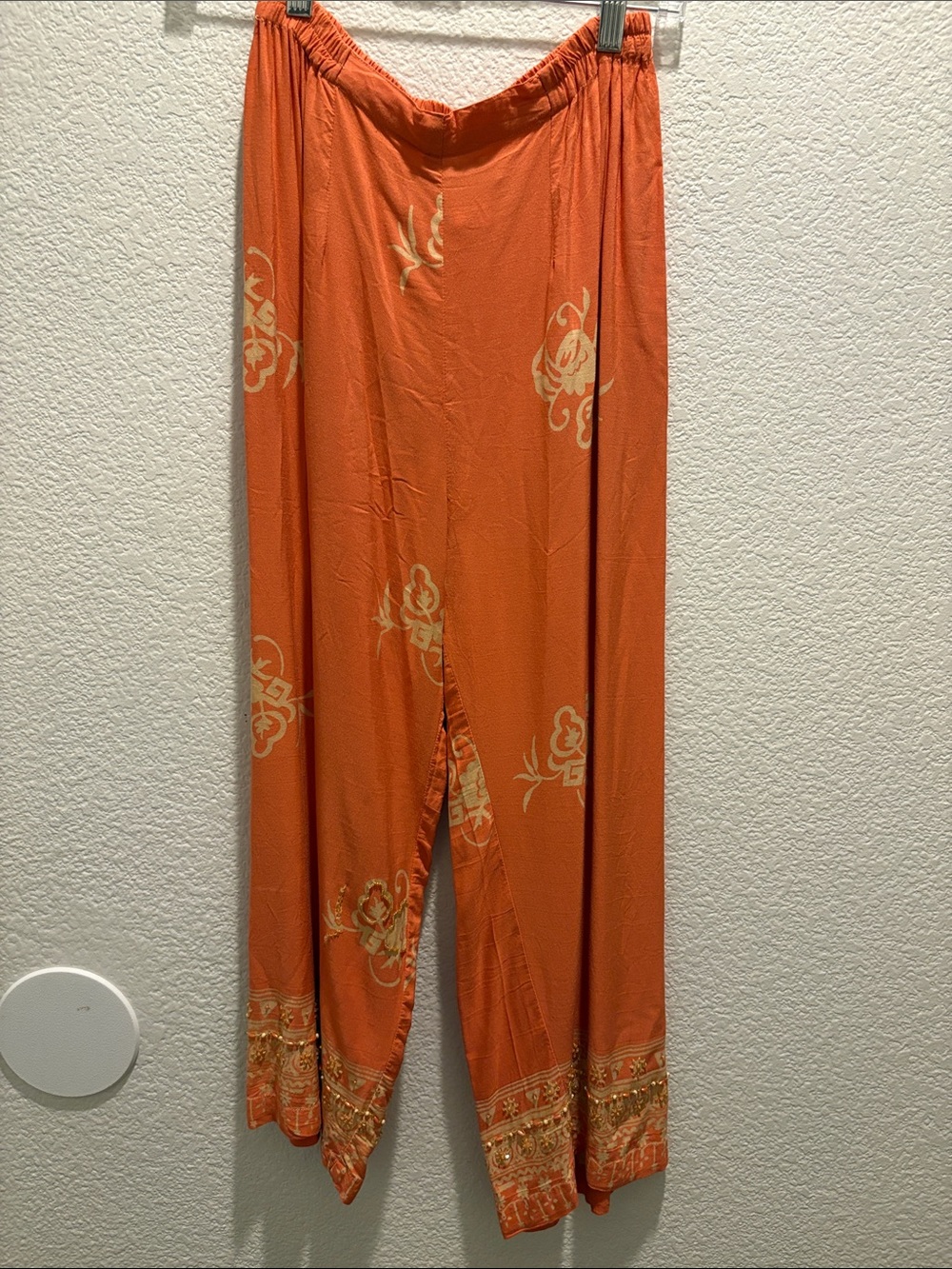 Orange Floral Wide-Leg Elastic-Waist Pants
